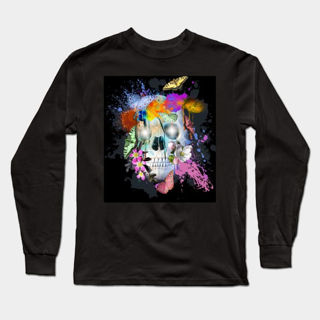 Skull Flowers And Butterfly, Rainbow Butterflies Long Sleeve T-Shirt by Random Galaxy